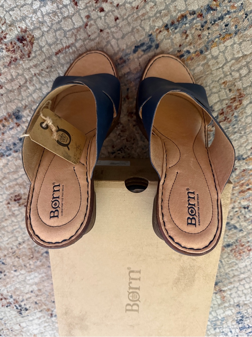 Born Navy Leather Crossover Wedge Sandals with Wood-Effect Heel - Picture 7 of 9